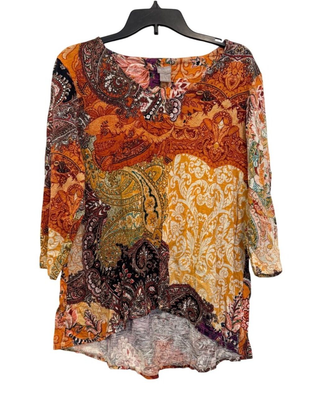 Chicos Paisley Patchwork Print Top Size 2 US L 3/4 Sleeve Cotton Modal Blend